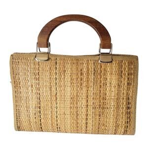 Vintage Italian Woven Straw Bag with Wooden Handles Zip Closure Summer Beach